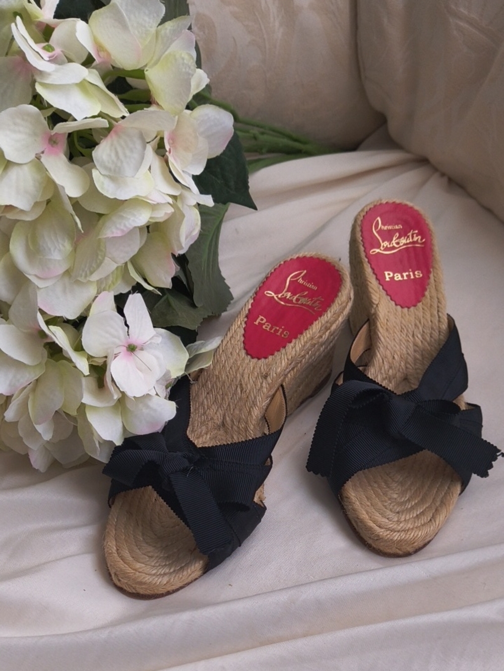 Christian Louboutin Black Bow Espadrille Wedge Slides